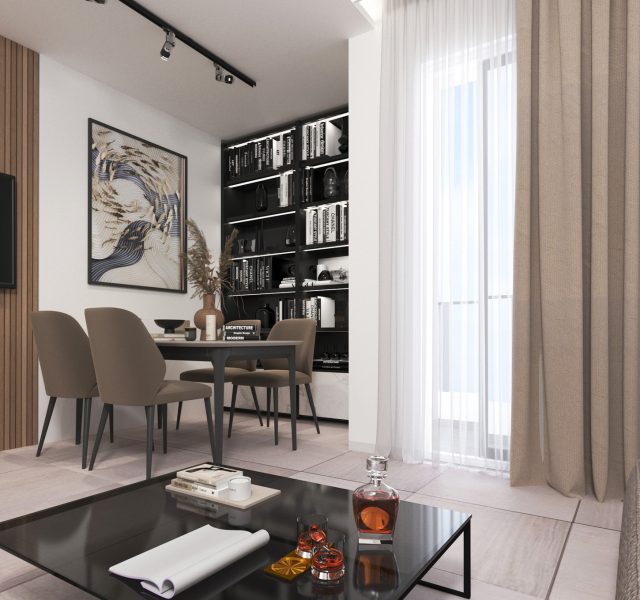 garsonjera sa bibliotekom i trpezarijskim stolom, interior lab