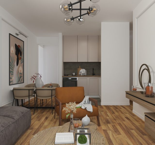 enterijer garsonjere sa toplim zemljanim toonovima - interior lab bar